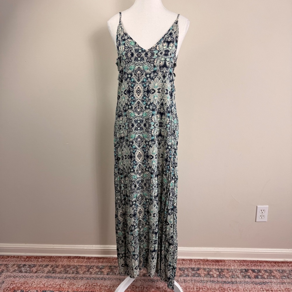 XIX Palms Navy Teal Paisley Floral Side Cutout V-Back Rayon Maxi Dress Size 2(M)